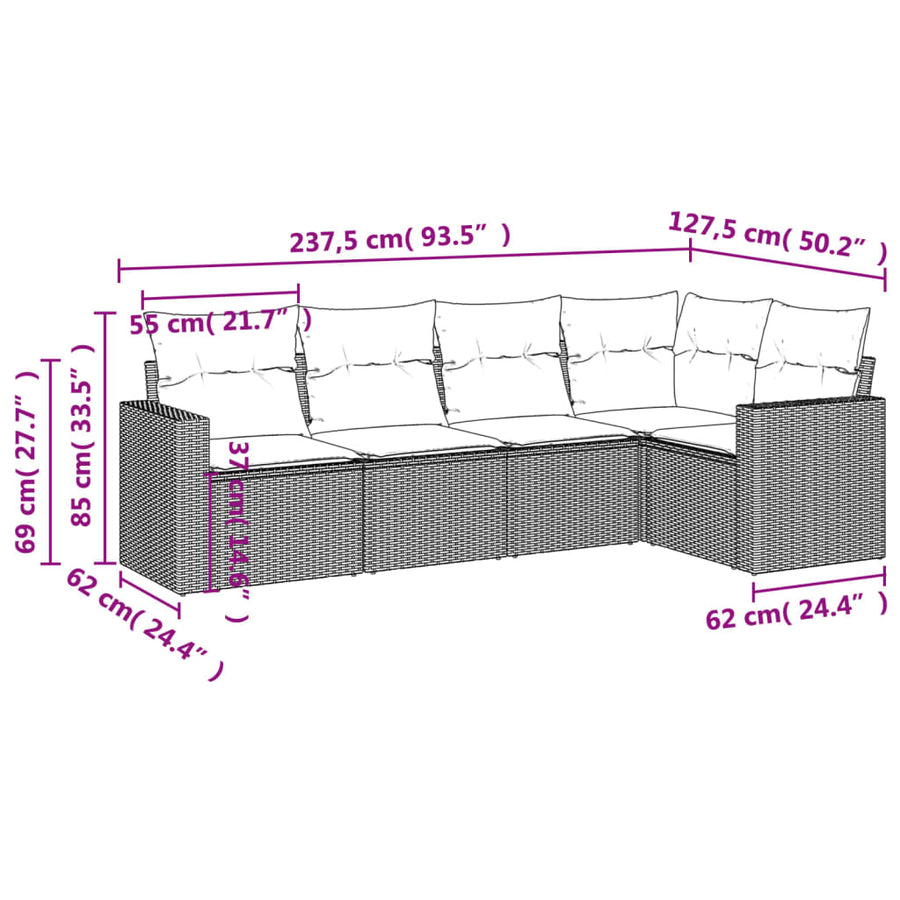5-delige Loungeset met kussens poly rattan lichtgrijs