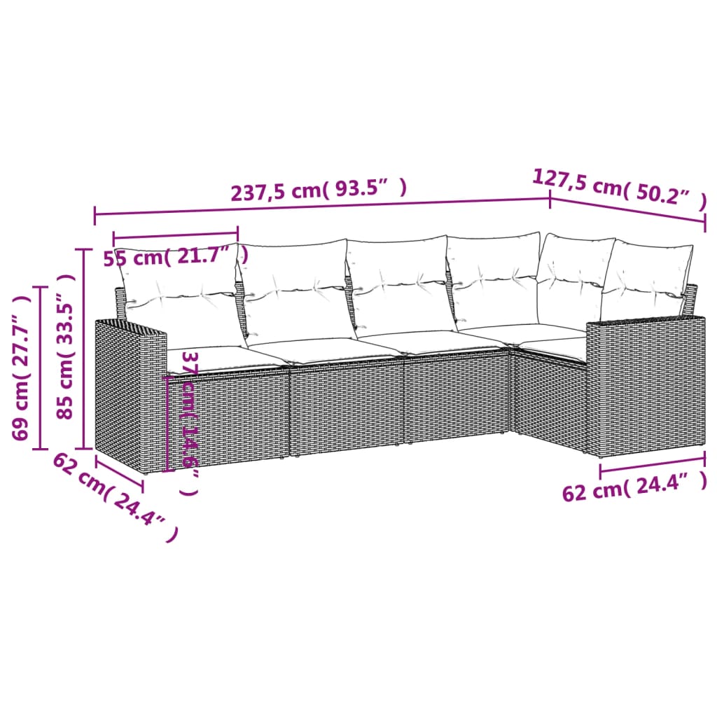 5-delige Loungeset met kussens poly rattan bruin 1 Bruin en crème
