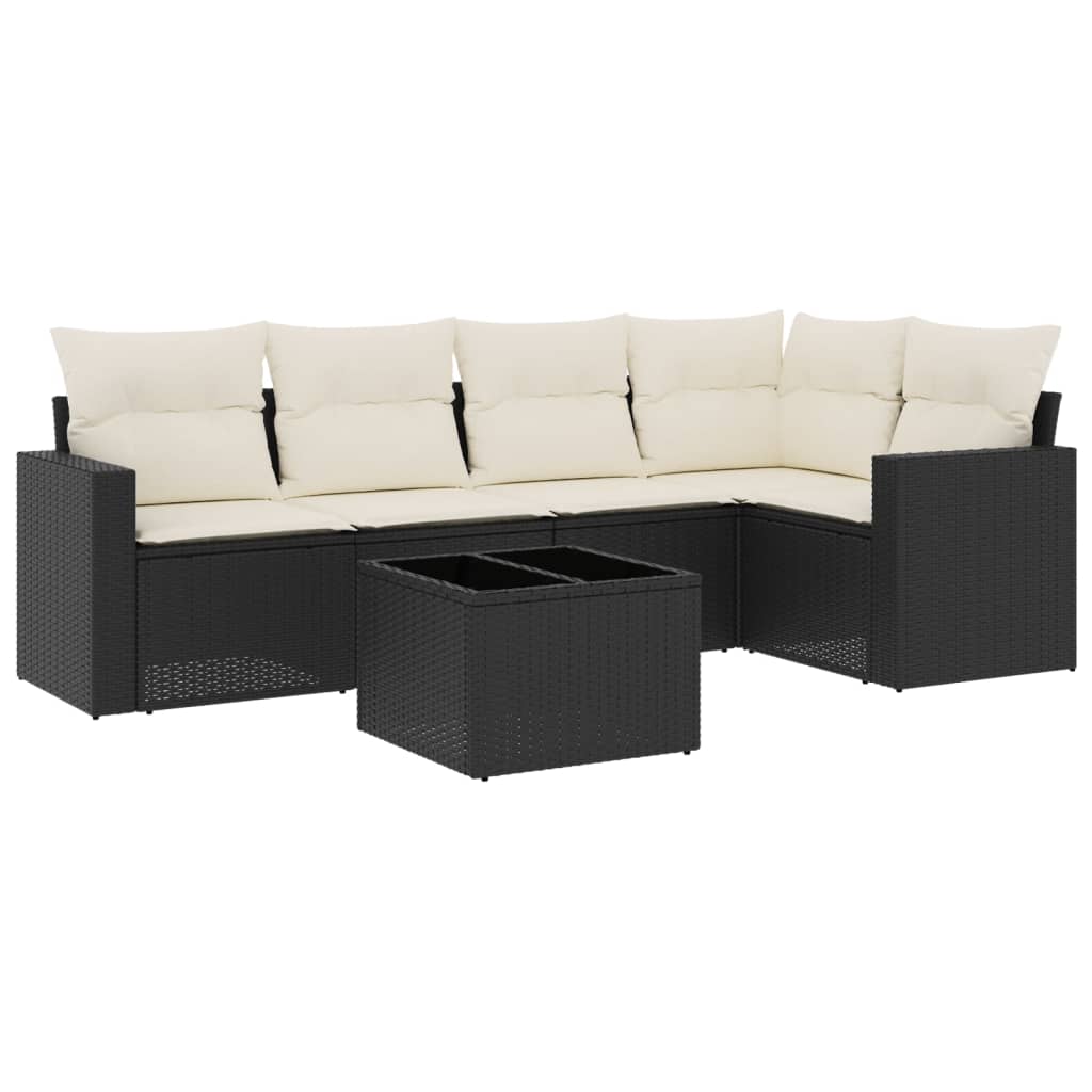6-delige Loungeset met kussens poly rattan zwart Zwart en crème Met tafel