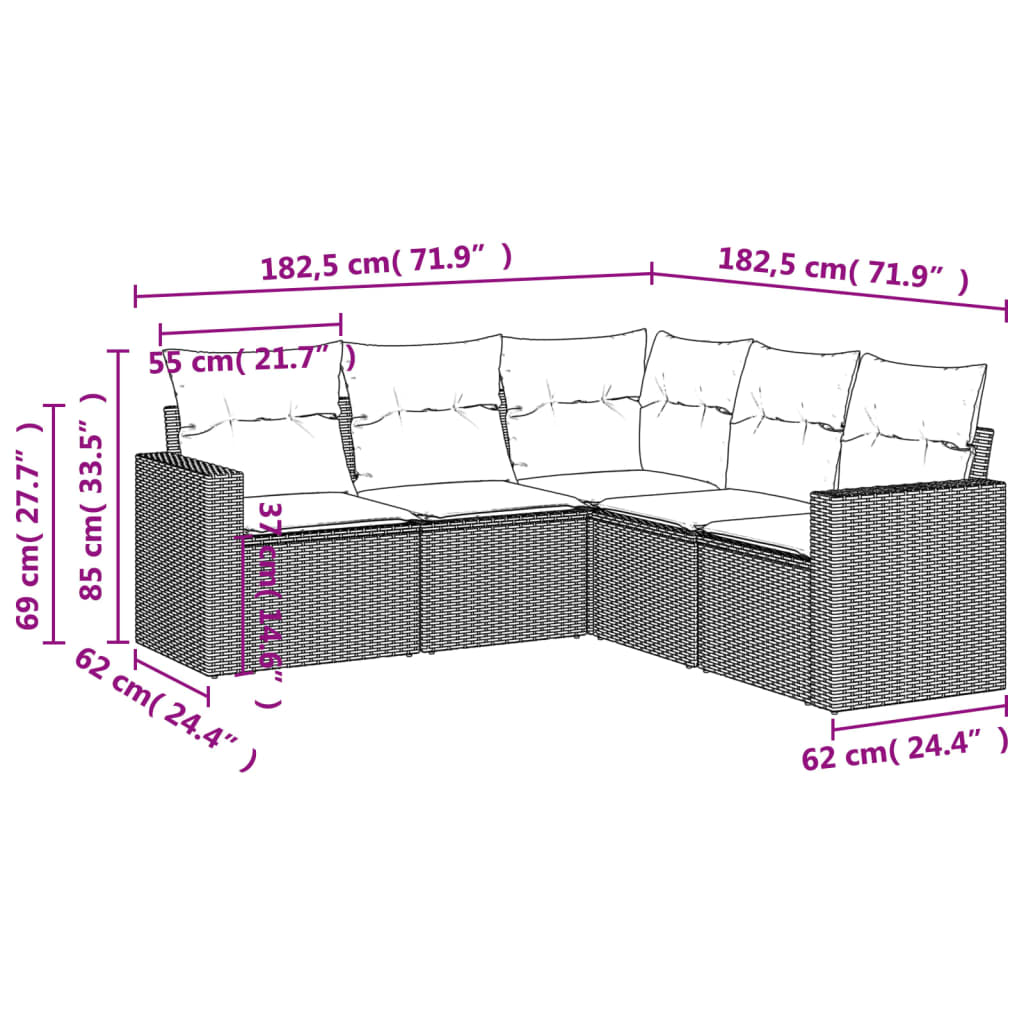 5-delige Loungeset met kussens poly rattan zwart 1 Zwart en crème