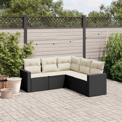5-delige Loungeset met kussens poly rattan zwart 1 Zwart en crème