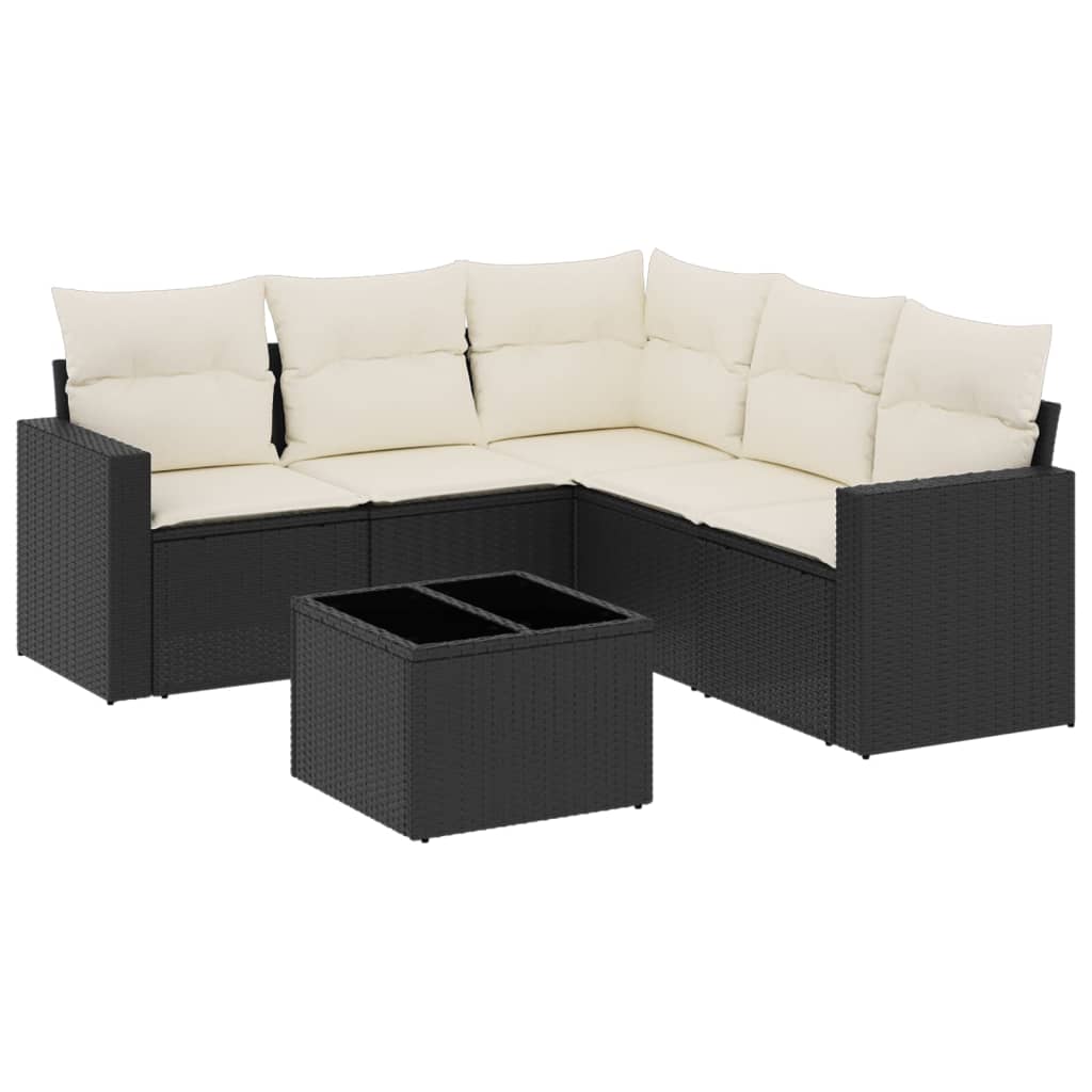 6-delige Loungeset met kussens poly rattan zwart Zwart en crème Met tafel