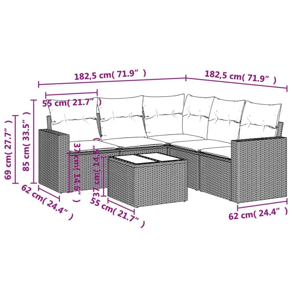 6-delige Loungeset met kussens poly rattan zwart Zwart en crème Met tafel