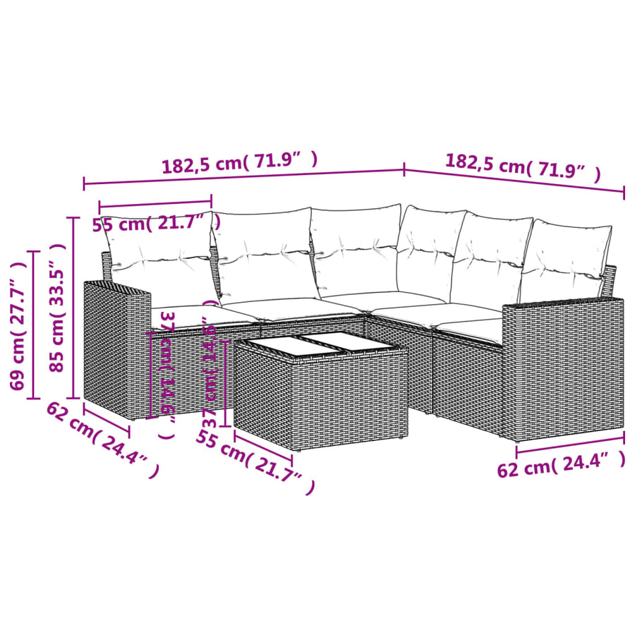 6-delige Loungeset met kussens poly rattan lichtgrijs