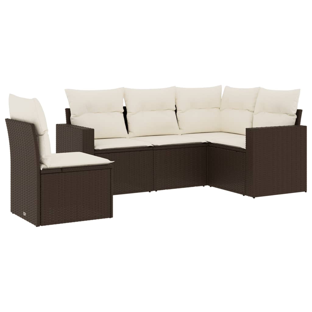 5-delige Loungeset met kussens poly rattan bruin 1 Bruin en crème