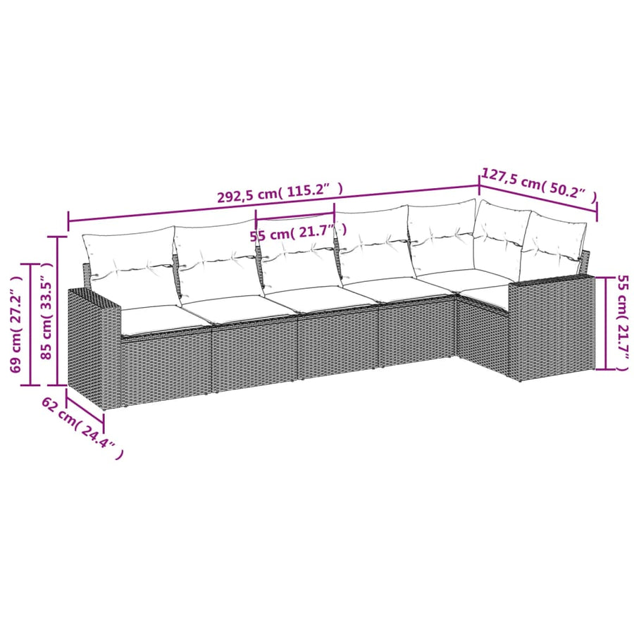 6-Delige Loungeset Met Kussens Poly Rattan 1 Zwart en blauw