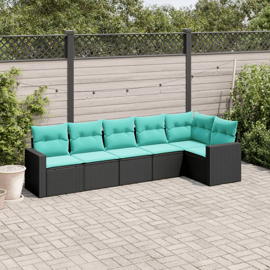 6-Delige Loungeset Met Kussens Poly Rattan 1 Zwart en blauw