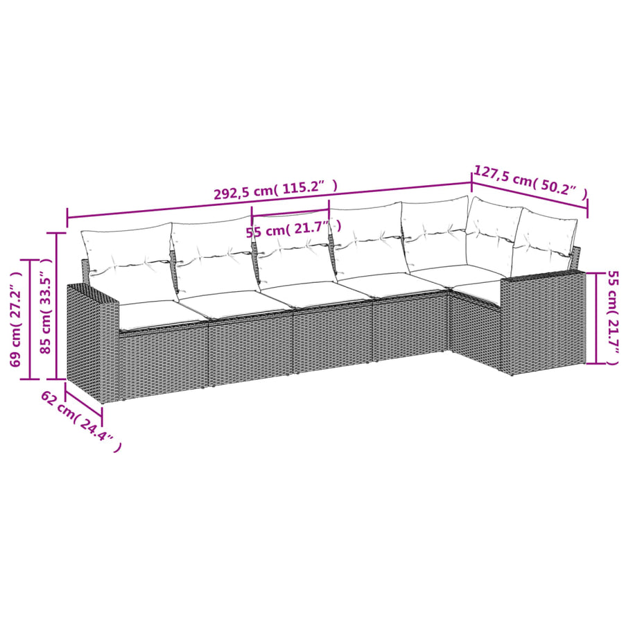 6-delige Loungeset met kussens poly rattan bruin 1 Bruin en crème