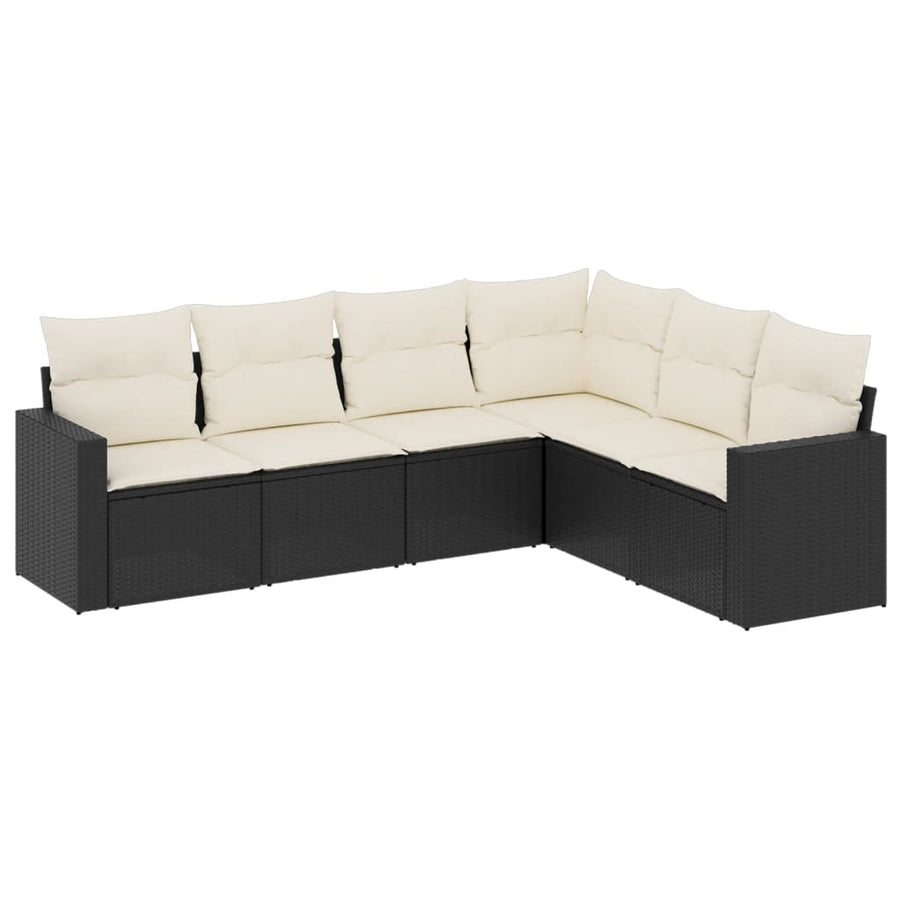 6-delige Loungeset met kussens poly rattan zwart 1 Zwart en crème