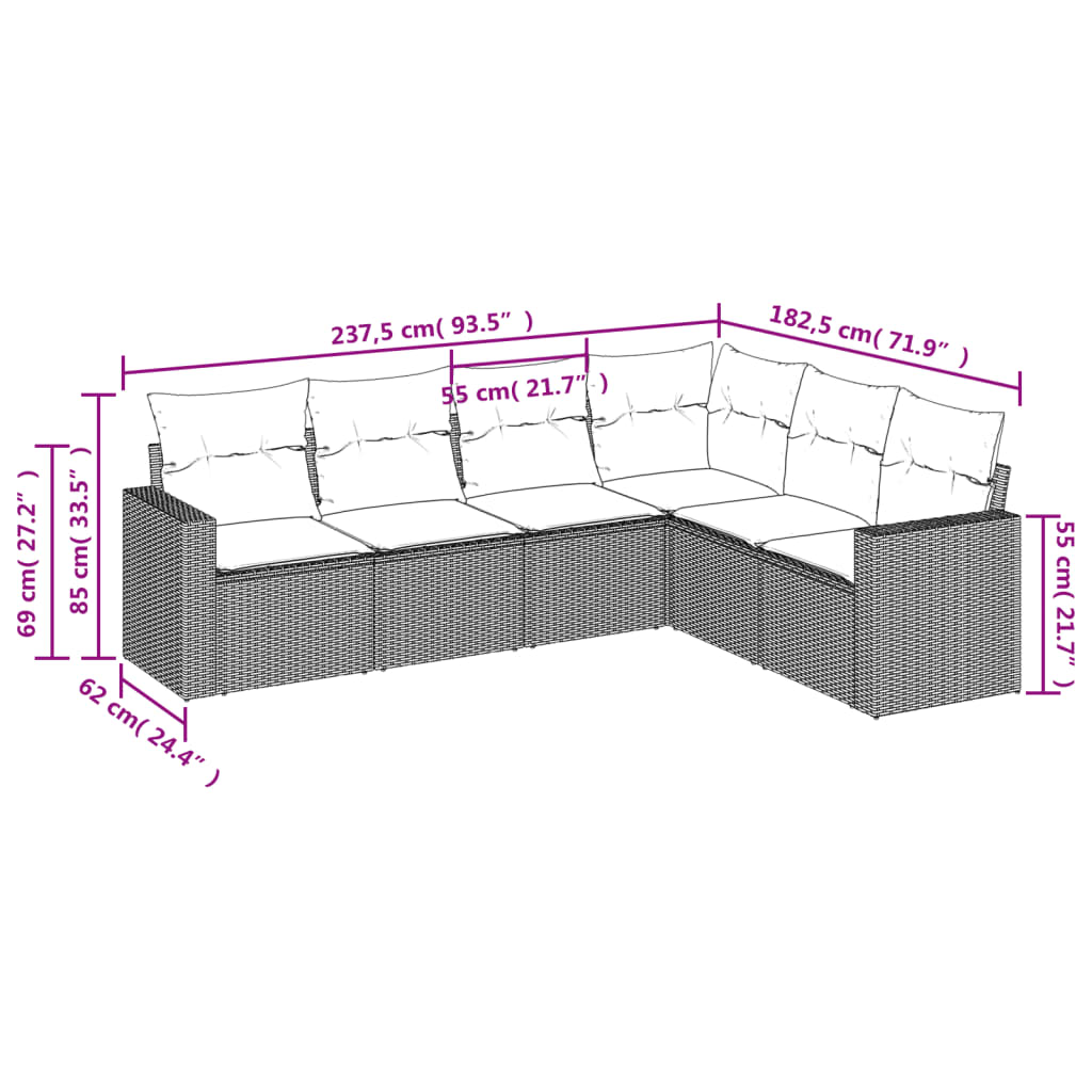 6-delige Loungeset met kussens poly rattan zwart 1 Zwart en crème