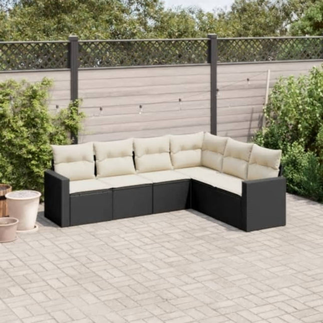 6-delige Loungeset met kussens poly rattan zwart 1 Zwart en crème