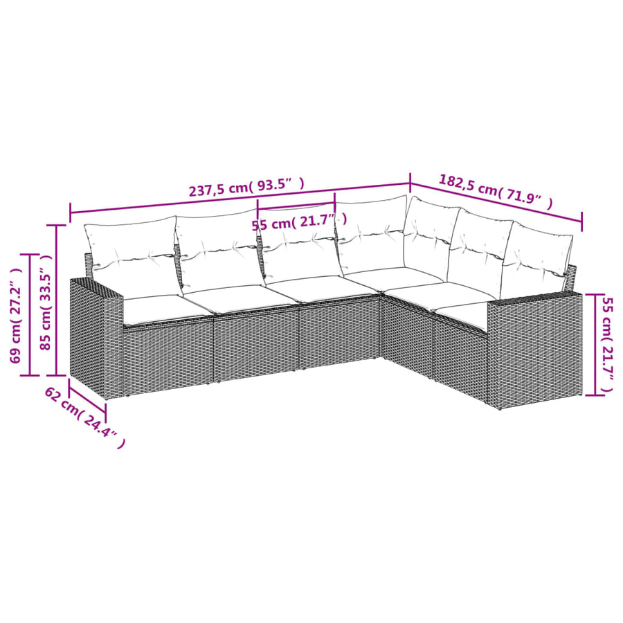 6-delige Loungeset met kussens poly rattan bruin 1 Bruin en crème