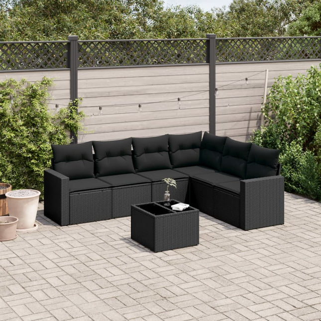 7-delige Loungeset met kussens poly rattan zwart Zwart Met tafel