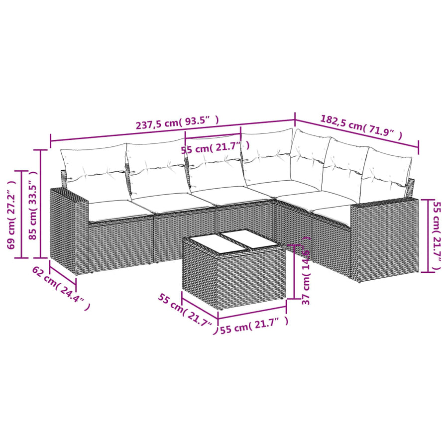 7-delige Loungeset met kussens poly rattan zwart Zwart en crème Met tafel