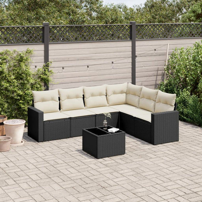 7-delige Loungeset met kussens poly rattan zwart Zwart en crème Met tafel