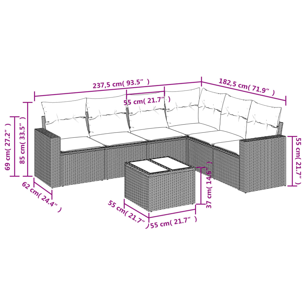7-Delige Loungeset Met Kussens Poly Rattan