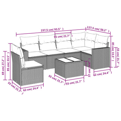 7-delige Loungeset met kussens poly rattan bruin