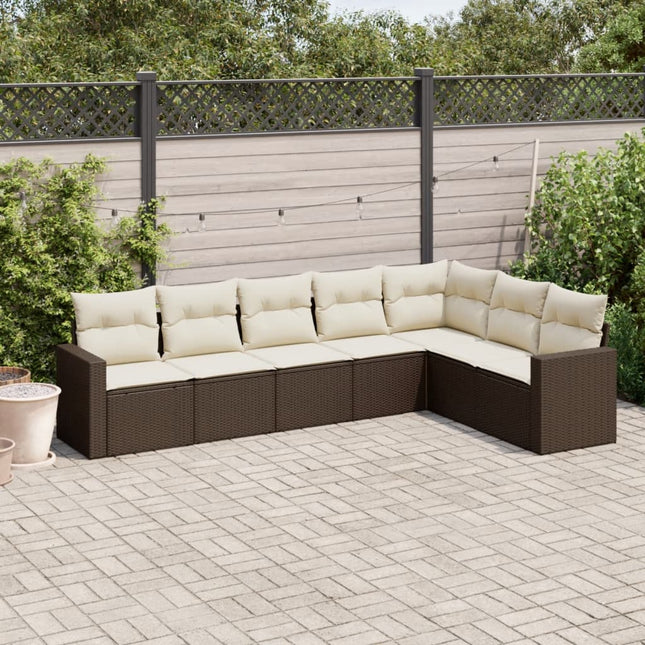 7-delige Loungeset met kussens poly rattan bruin 1 Bruin en crème