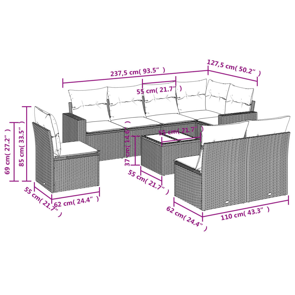 9-Delige Loungeset Met Kussens Poly Rattan Zwart