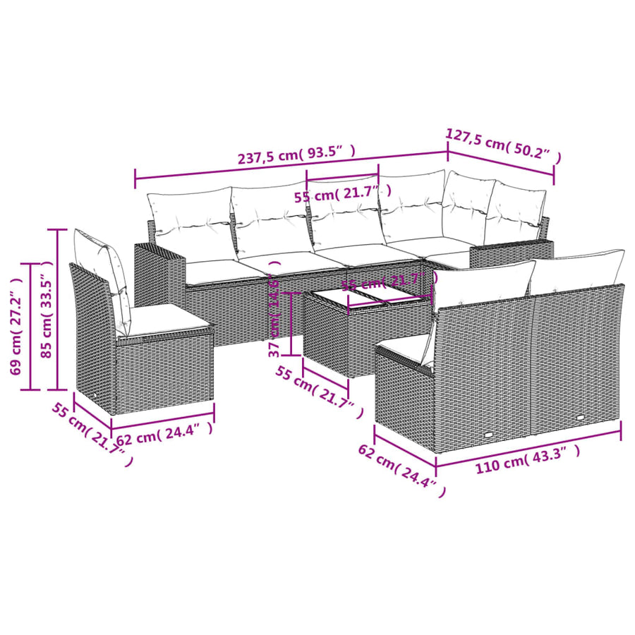 9-delige Loungeset met kussens poly rattan lichtgrijs