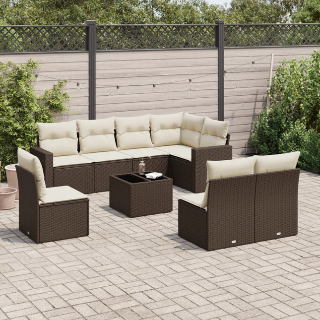 9-delige Loungeset met kussens poly rattan bruin