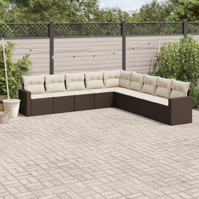 9-delige Loungeset met kussens poly rattan bruin 1 Bruin en crème