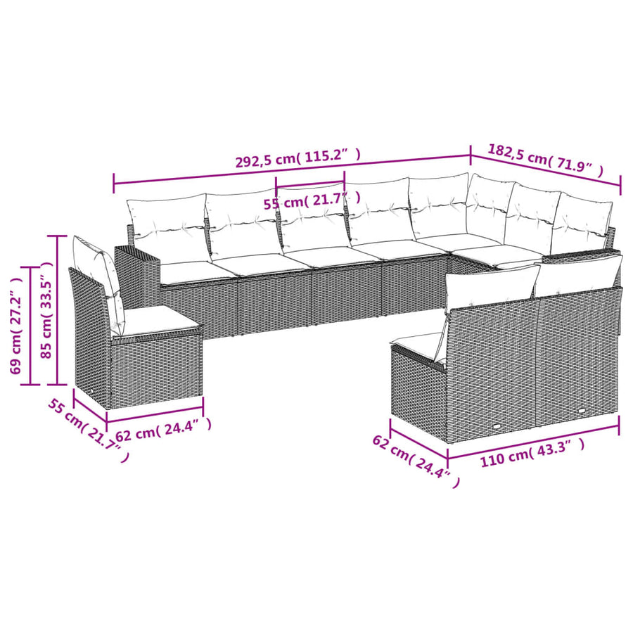10-Delige Loungeset Met Kussens Poly Rattan Zwart