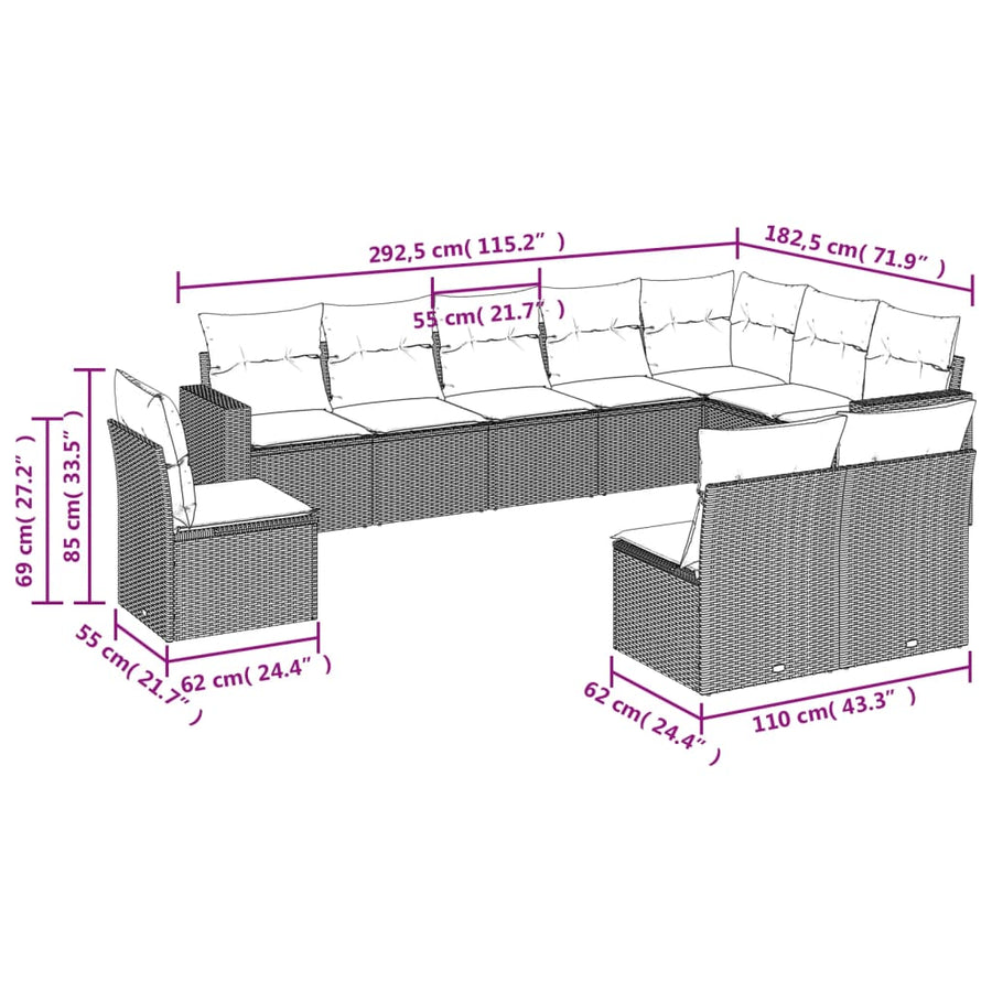 10-Delige Loungeset Met Kussens Poly Rattan Grijs