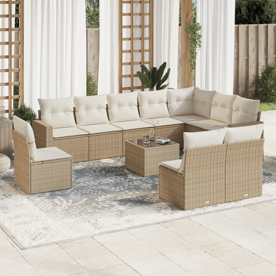 10-Delige Loungeset Met Kussens Poly Rattan Beige Blauw