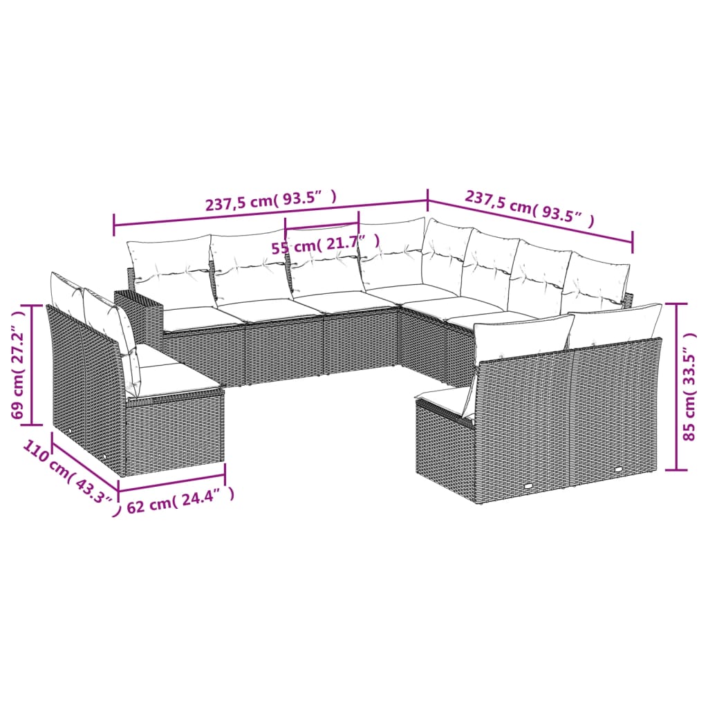 11-Delige Loungeset Met Kussens Poly Rattan Zwart