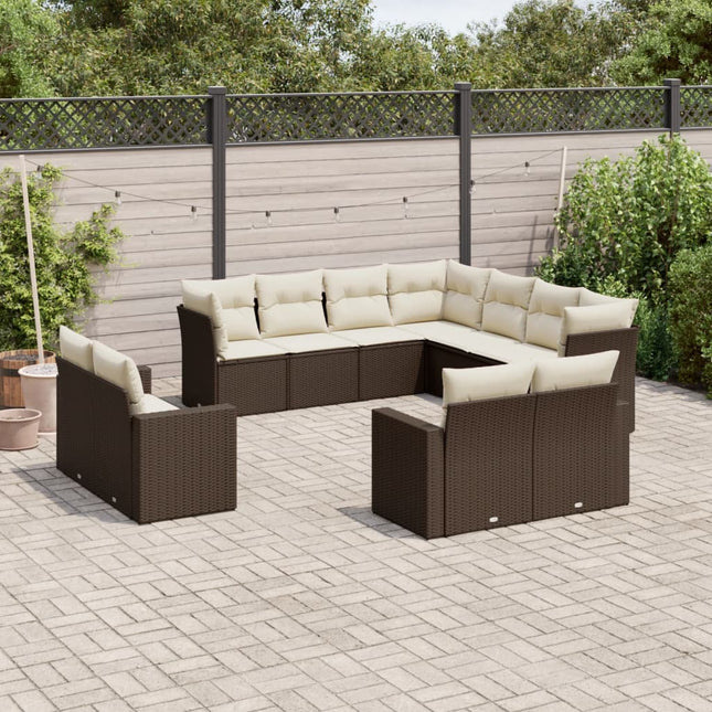 11-delige Loungeset met kussens poly rattan bruin Bruin en crème Zonder tafel