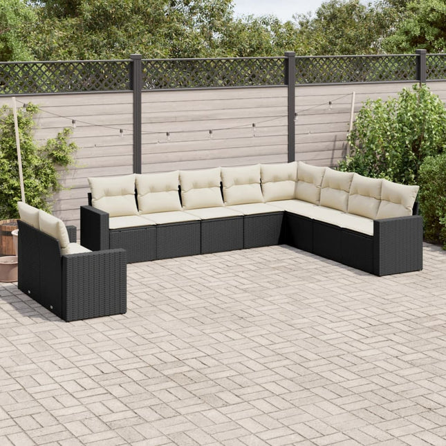 10-delige Loungeset met kussens poly rattan zwart Zwart en crème Zonder tafel