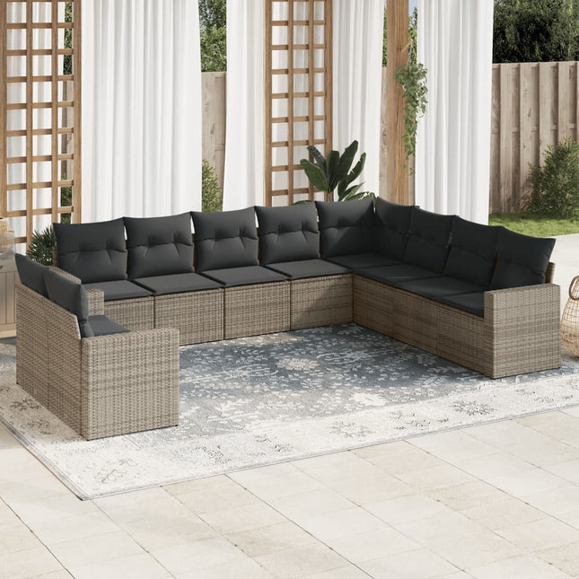 10-delige Loungeset met kussens poly rattan grijs Grijs Zonder tafel