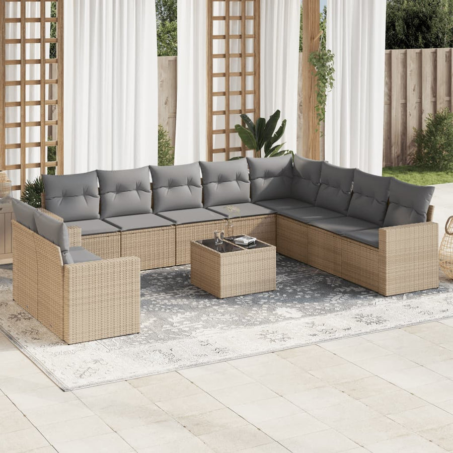 10-Delige Loungeset Met Kussens Poly Rattan Beige Blauw