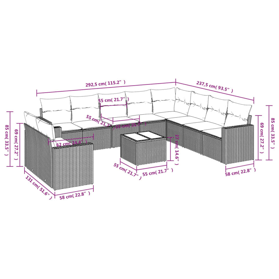 11-delige Loungeset met kussens poly rattan lichtgrijs