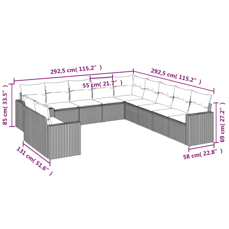 11-delige Loungeset met kussens poly rattan zwart Zwart en crème Zonder tafel