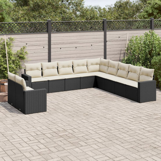 11-delige Loungeset met kussens poly rattan zwart Zwart en crème Zonder tafel