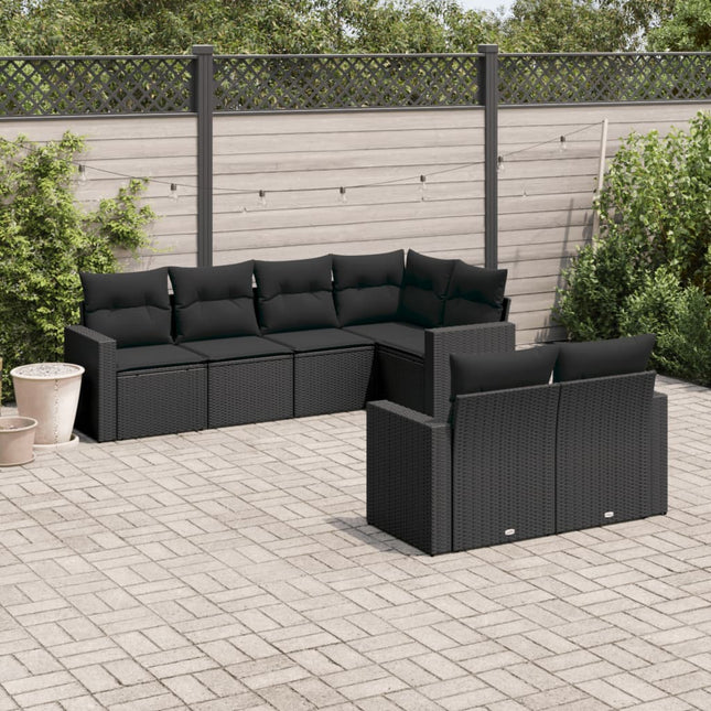 7-delige Loungeset met kussens poly rattan zwart Zwart