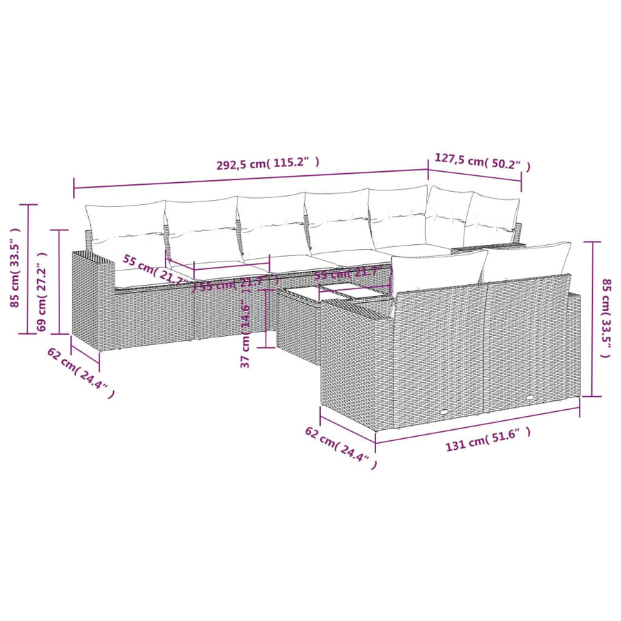 9-Delige Loungeset Met Kussens Poly Rattan Grijs