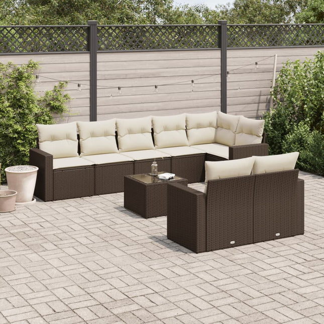 9-delige Loungeset met kussens poly rattan bruin