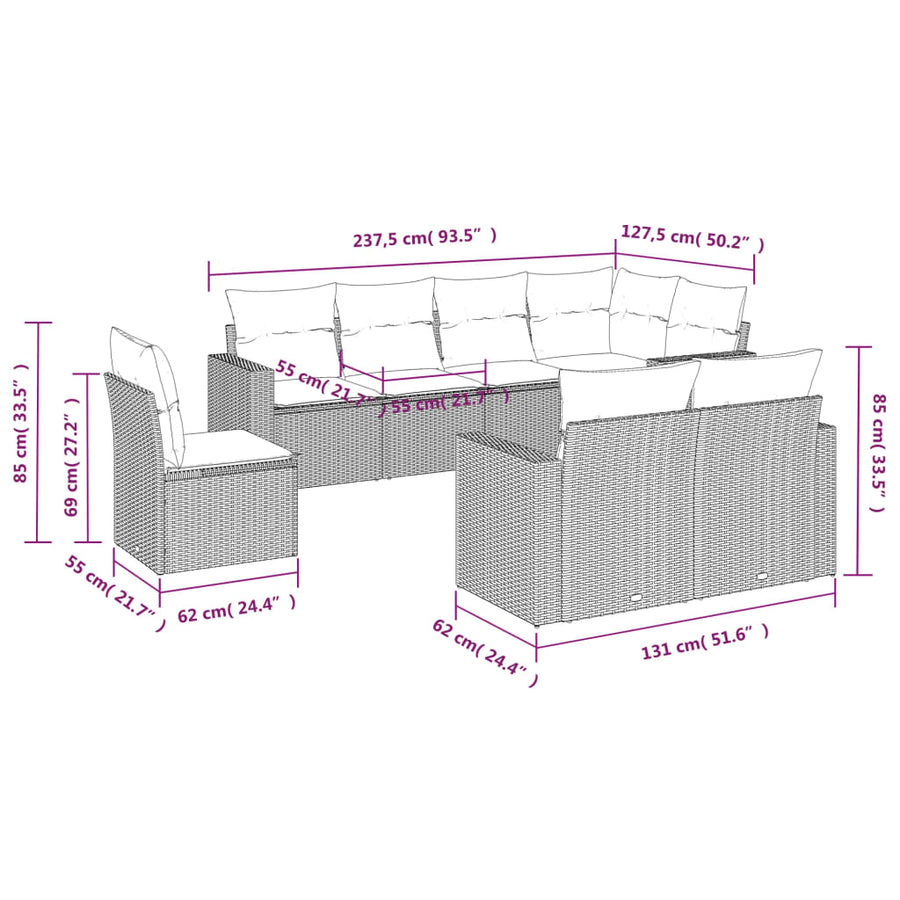 8-Delige Loungeset Met Kussens Poly Rattan Grijs