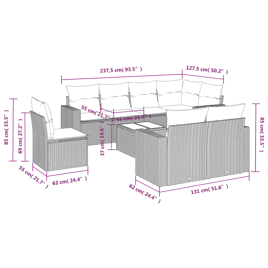9-Delige Loungeset Met Kussens Poly Rattan Zwart