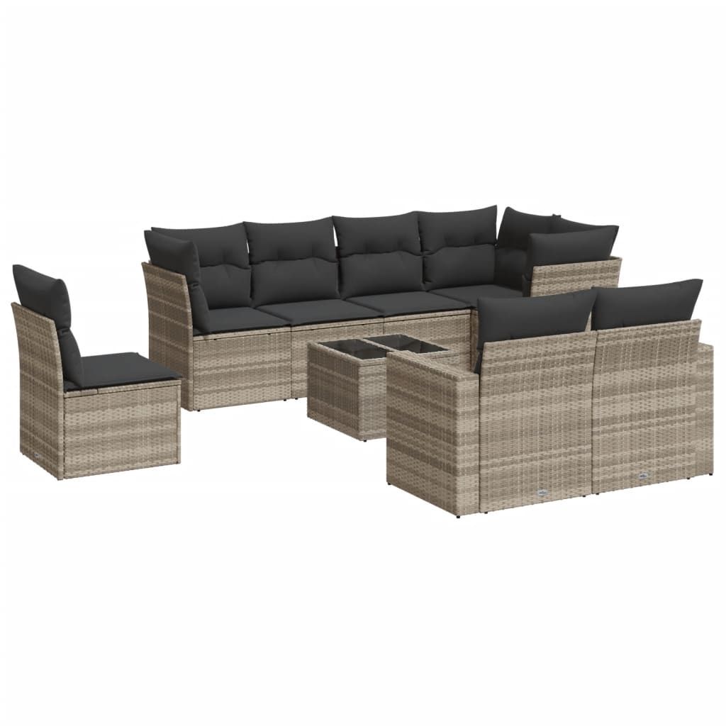 9-delige Loungeset met kussens poly rattan lichtgrijs