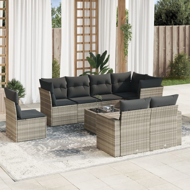 9-delige Loungeset met kussens poly rattan lichtgrijs