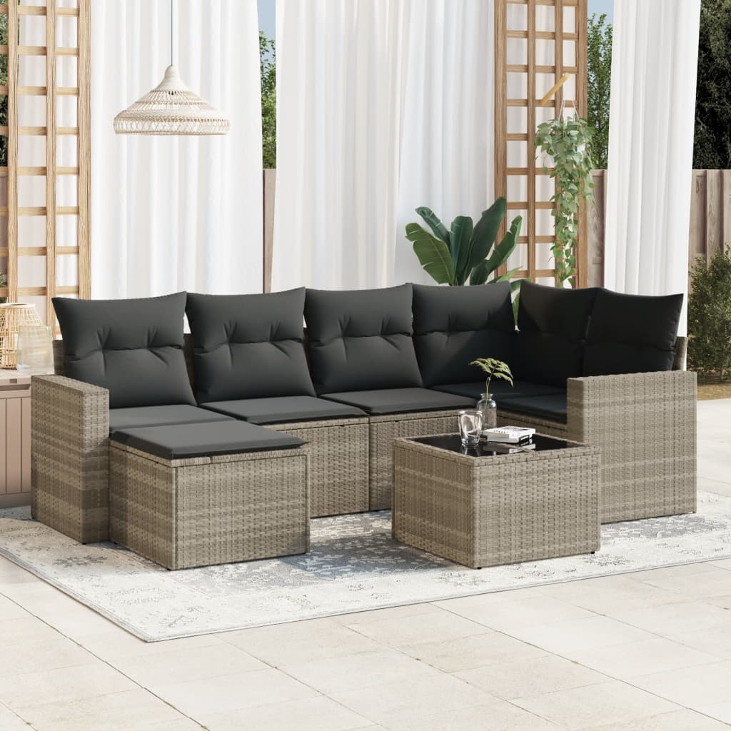 7-delige Loungeset met kussens poly rattan lichtgrijs