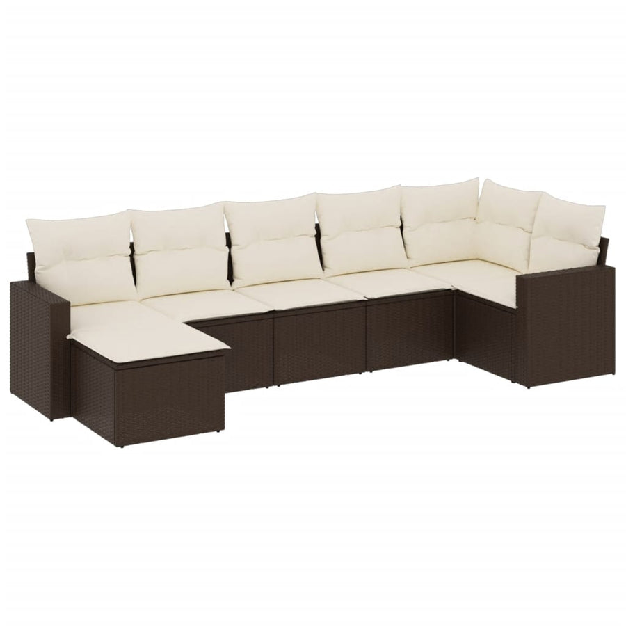 7-delige Loungeset met kussens poly rattan bruin Bruin en crème Zonder tafel