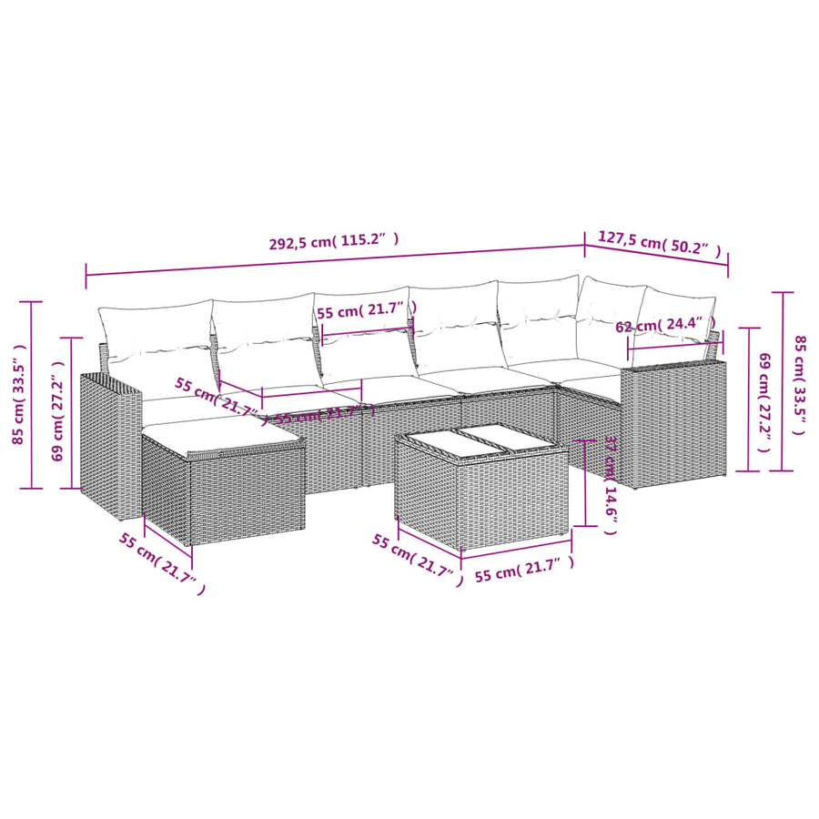 8-delige Loungeset met kussens poly rattan lichtgrijs
