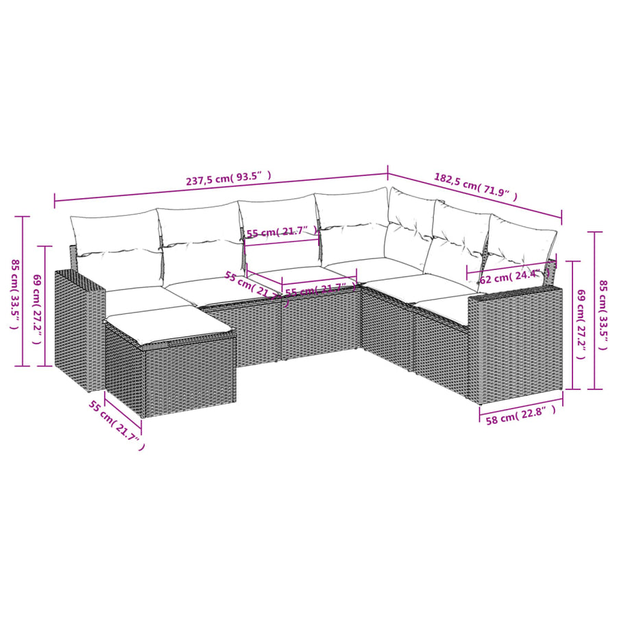 7-delige Loungeset met kussens poly rattan lichtgrijs