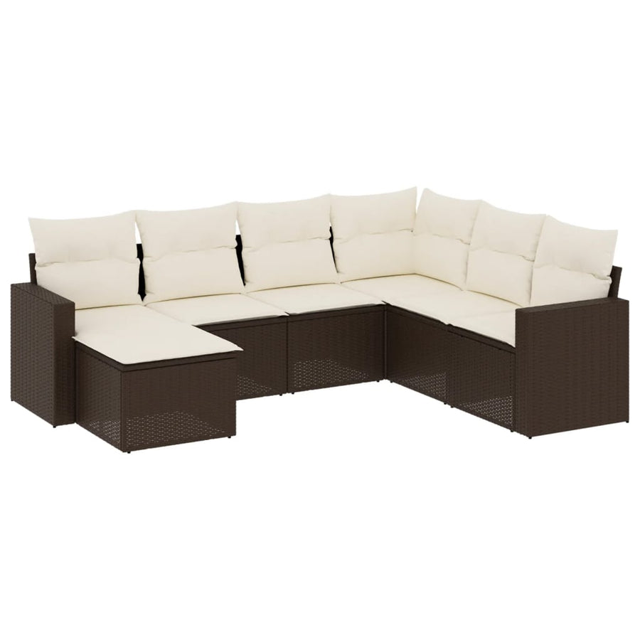 7-Delige Loungeset Met Kussens Poly Rattan Bruin en crème Zonder tafel