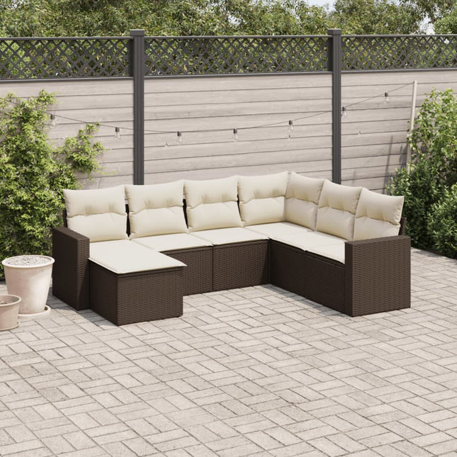 7-Delige Loungeset Met Kussens Poly Rattan Bruin en crème Zonder tafel